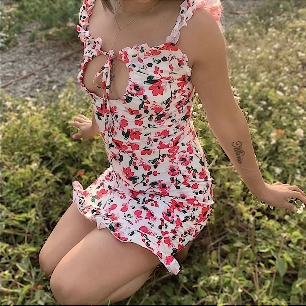 WOMENS RUFFLE STRAP FLORAL BODYCON DRESS SPRING SUMMER - Picture 1 of 4